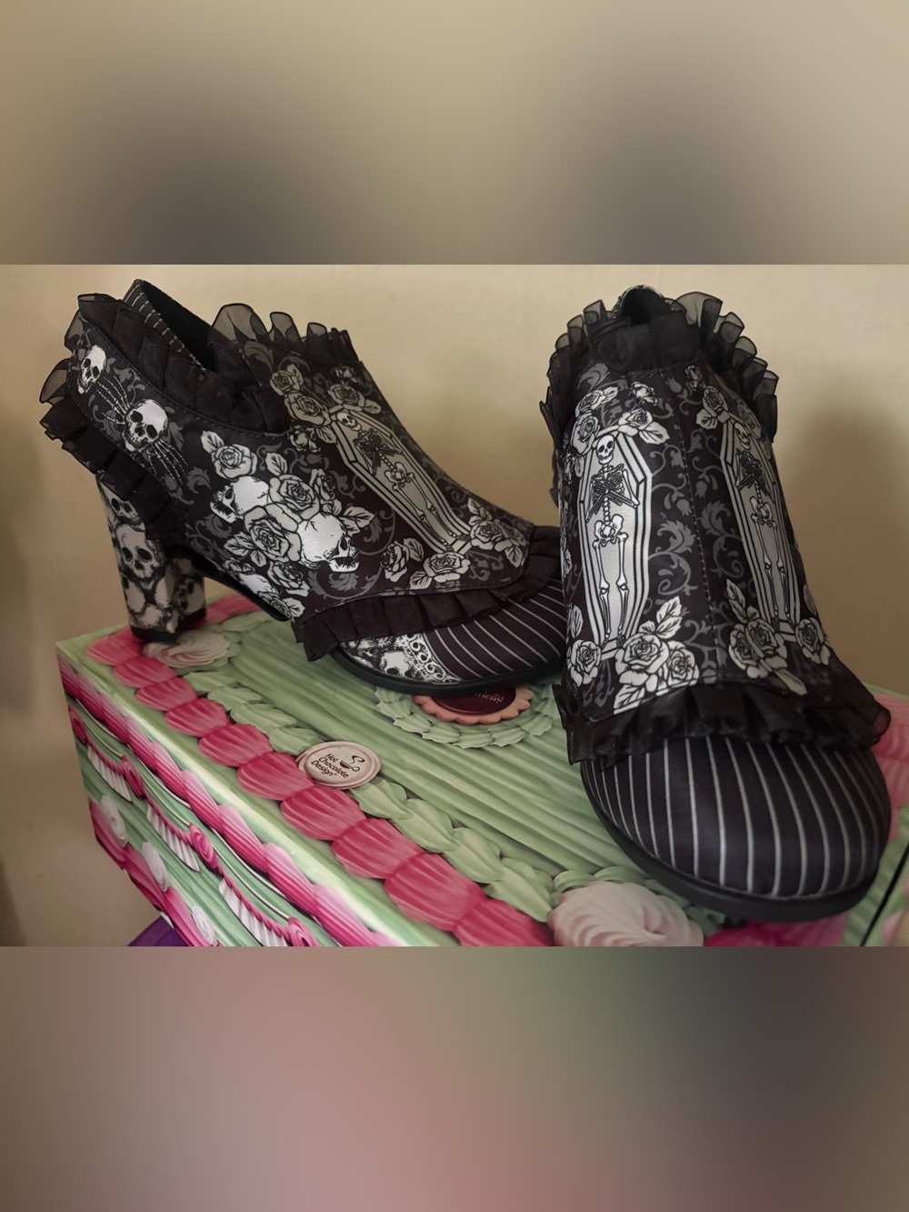 Victorian skull Hot Chocolate design heel shoes